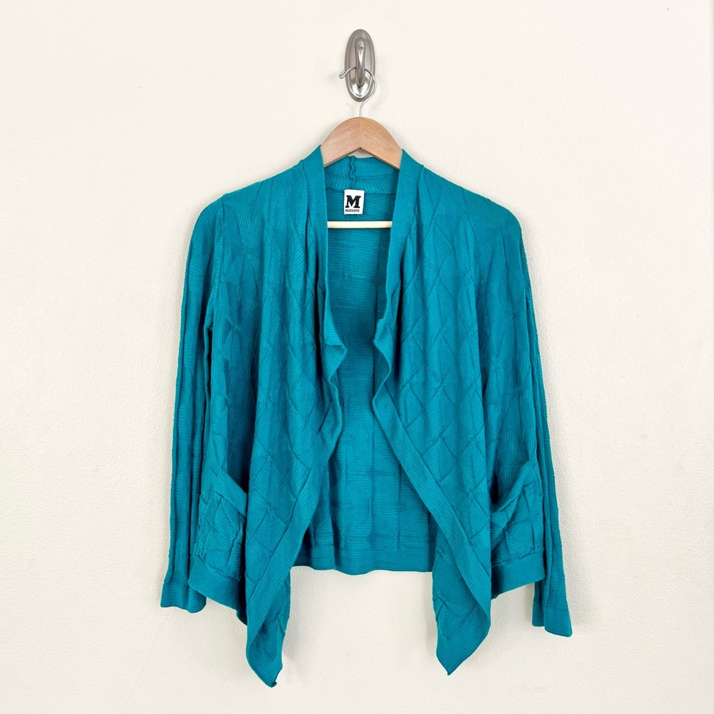 M MISSONI Checkered Textured Virgin Wool Knit Open Cardigan in Blue